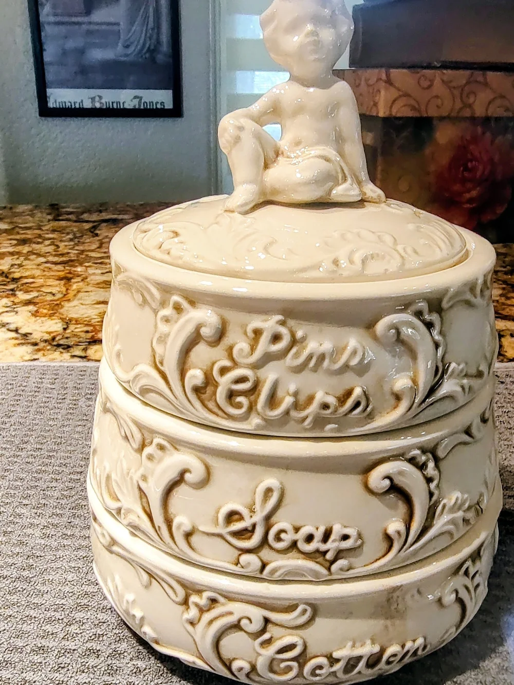 Enesco 1950's Cream Ceramic Stackable Trinket Jars with Cherub Lid
